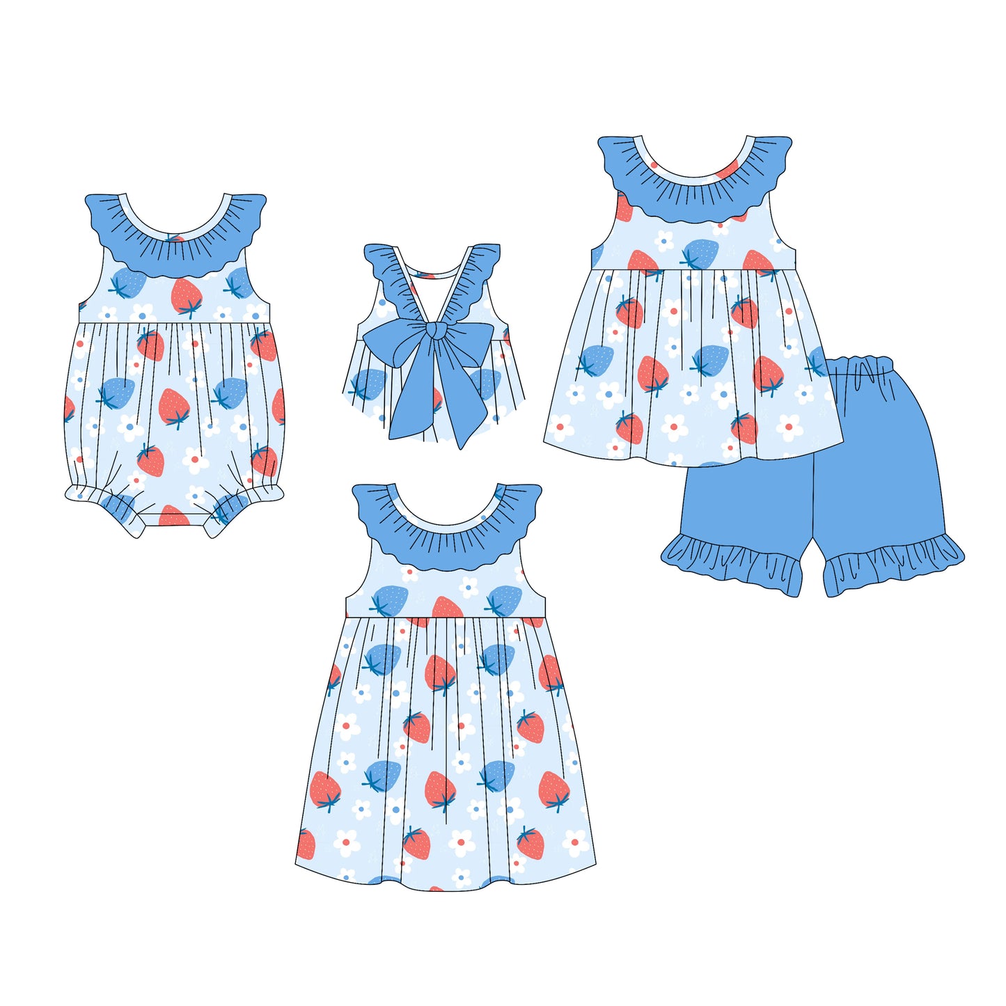 26.1.13 Custom MOQ:3 or 5 pcs each design milk silk Sibling baby girl clothes strawberry floral short sleeve shorts sets and dress and romper