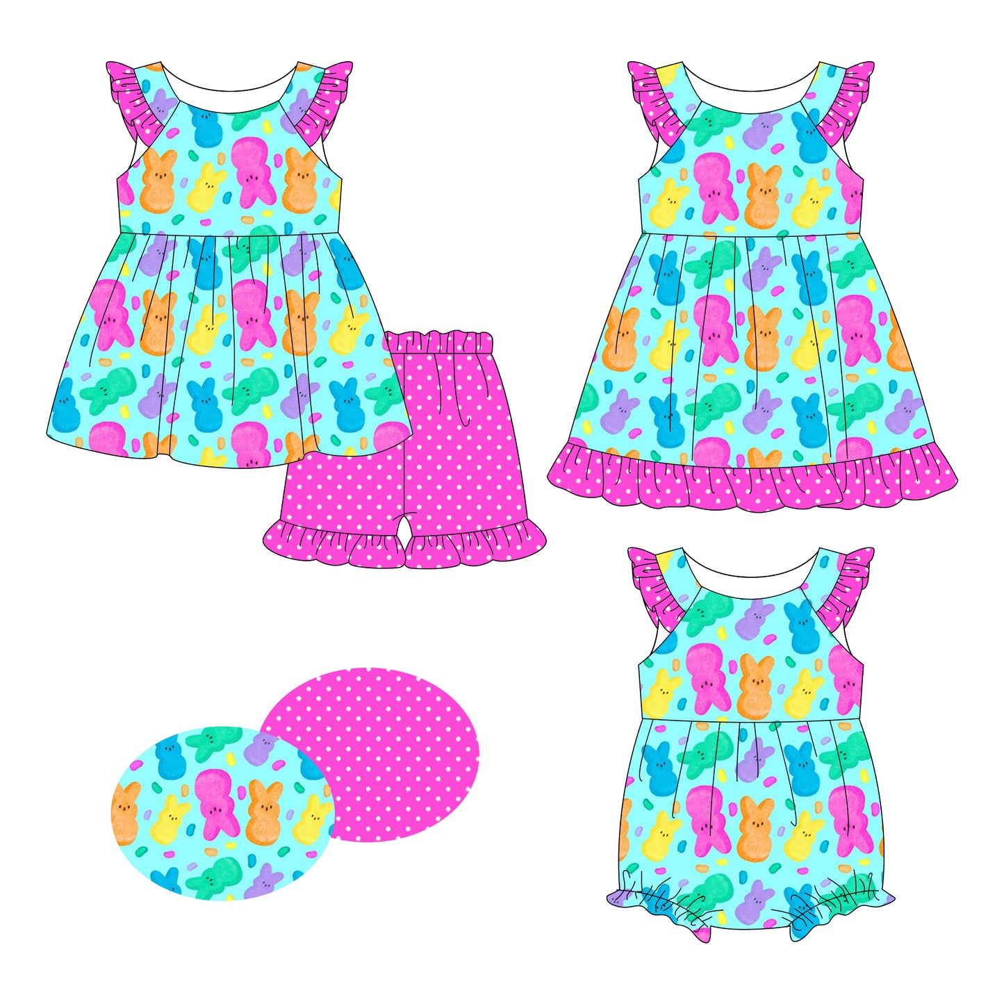 26.1.8 Custom MOQ:3 or 5 pcs each design milk silk Sibling baby girl clothes bunny short sleeve shorts sets and dress and romper