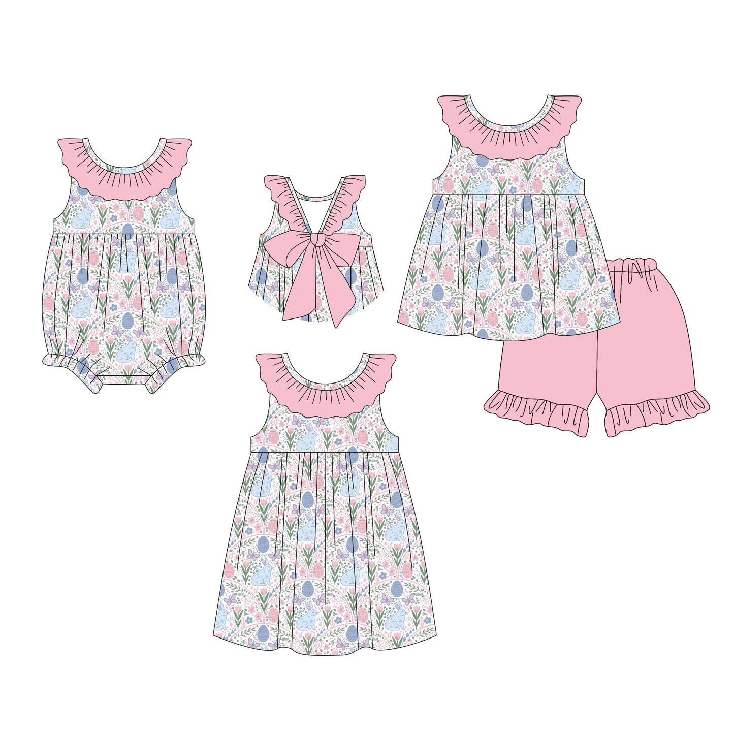 26.1.5 Custom MOQ:3 or 5 pcs each design milk silk Sibling baby girl clothes easter bow floral short sleeve shorts sets and dress and romper