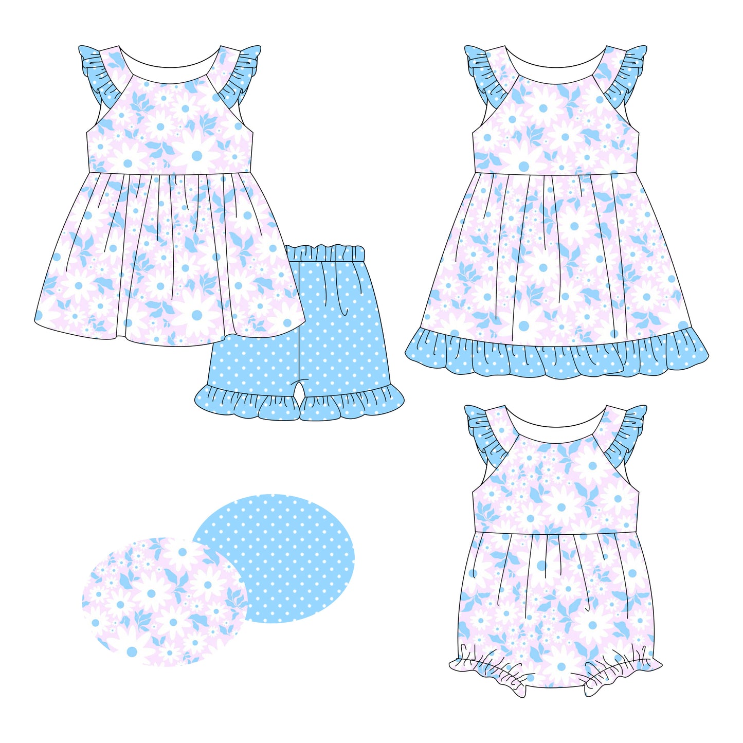 26.1.8 Custom MOQ:3 or 5 pcs each design milk silk Sibling baby girl clothes floral short sleeve shorts sets and dress and romper