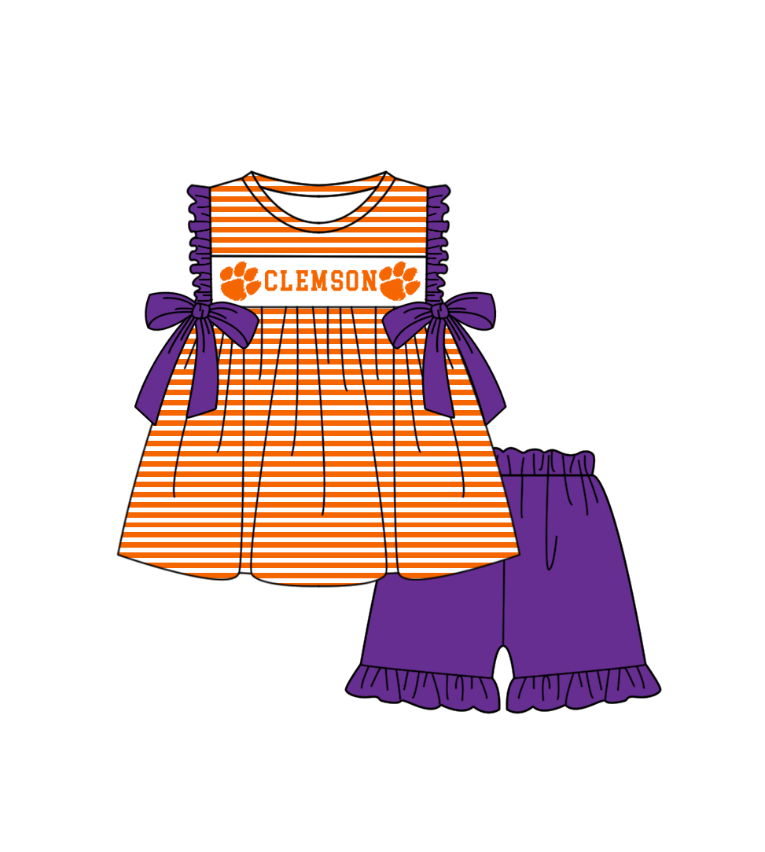 1.31 Custom Order Moq 3 Baby Girl Clemson Orange Team Bows Stripe Tunic Top Ruffle Shorts Clothes Sets