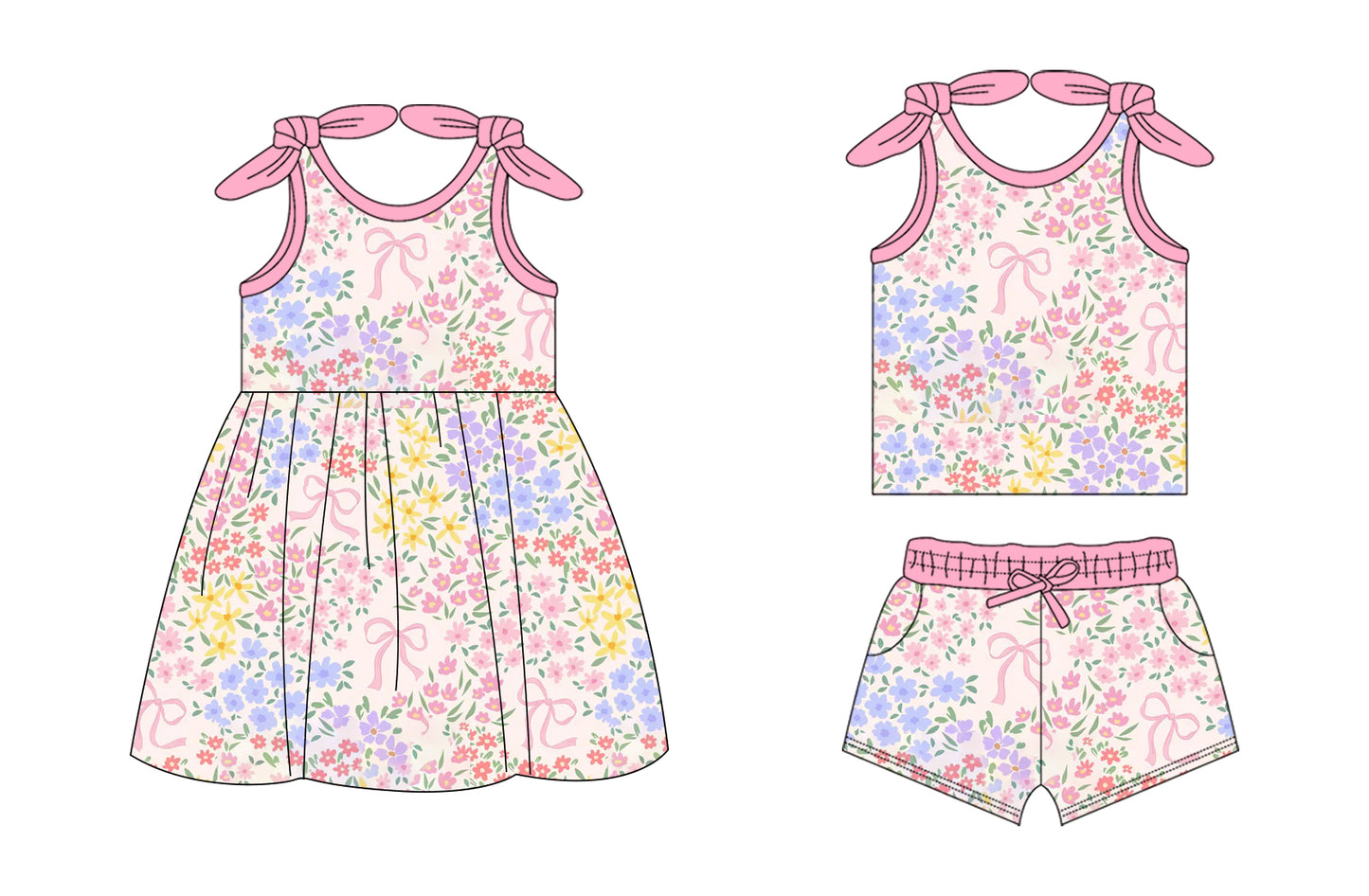 26.1.14 Custom MOQ:3 or 5 pcs each design milk silk Sibling baby girl clothes floral bow short sleeve shorts sets and dress