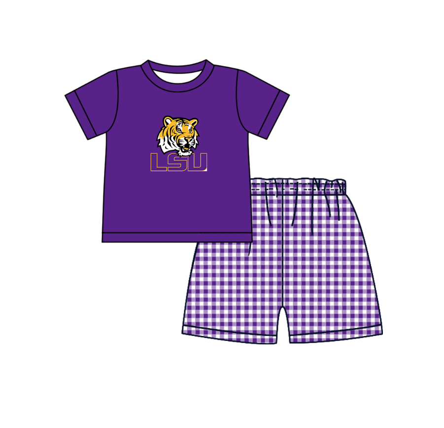 2.2 Custom Order Moq 3 Baby Boy Short Sleeve LSU Top Checked Shorts Team Clothes Sets