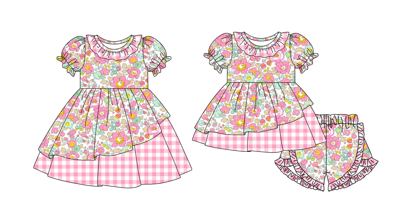 26.1.10 Custom MOQ:3 or 5 pcs each design milk silk Sibling baby girl clothes floral short sleeve shorts sets and dress