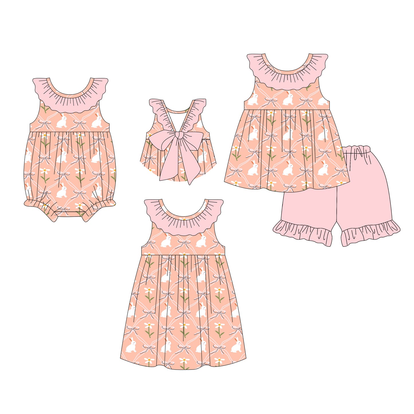 26.1.5 Custom MOQ:3 or 5 pcs each design milk silk Sibling baby girl clothes easter bow short sleeve shorts sets and dress and romper