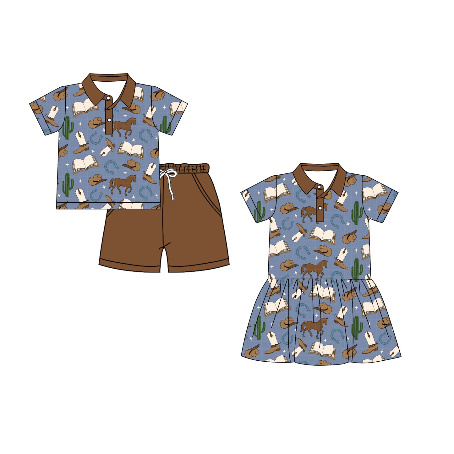 26.1.19 Custom MOQ:3 or 5 pcs each design milk silk Sibling baby girl clothes horse hat boots short sleeve shorts sets and dress