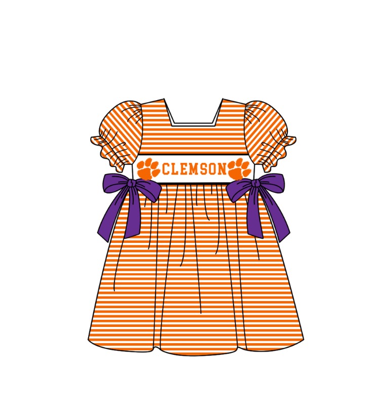 1.31 Custom Order Moq 3 Baby Girl Clemson Orange Team Bows Stripe Ruffle Knee Length Dresses