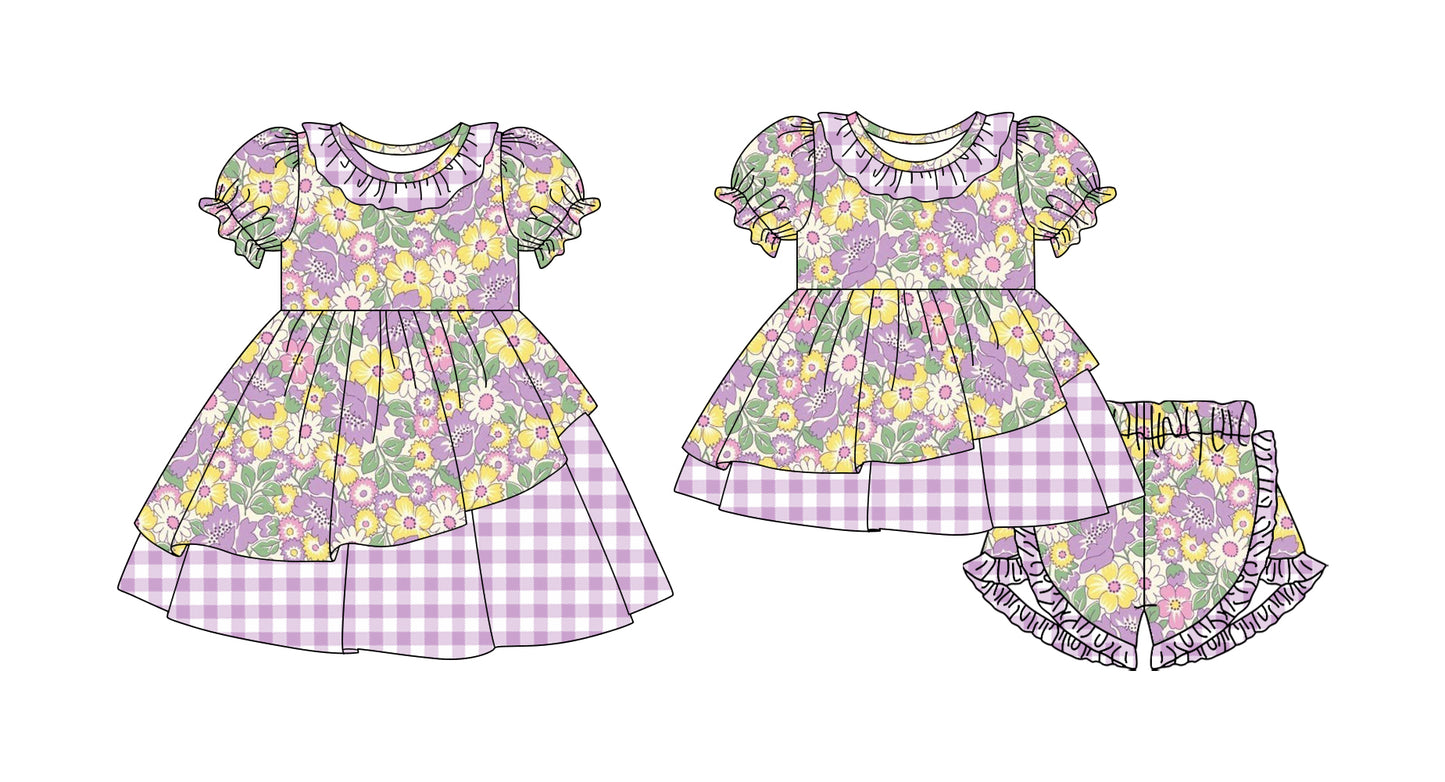 26.1.10 Custom MOQ:3 or 5 pcs each design milk silk Sibling baby girl clothes floral short sleeve shorts sets and dress