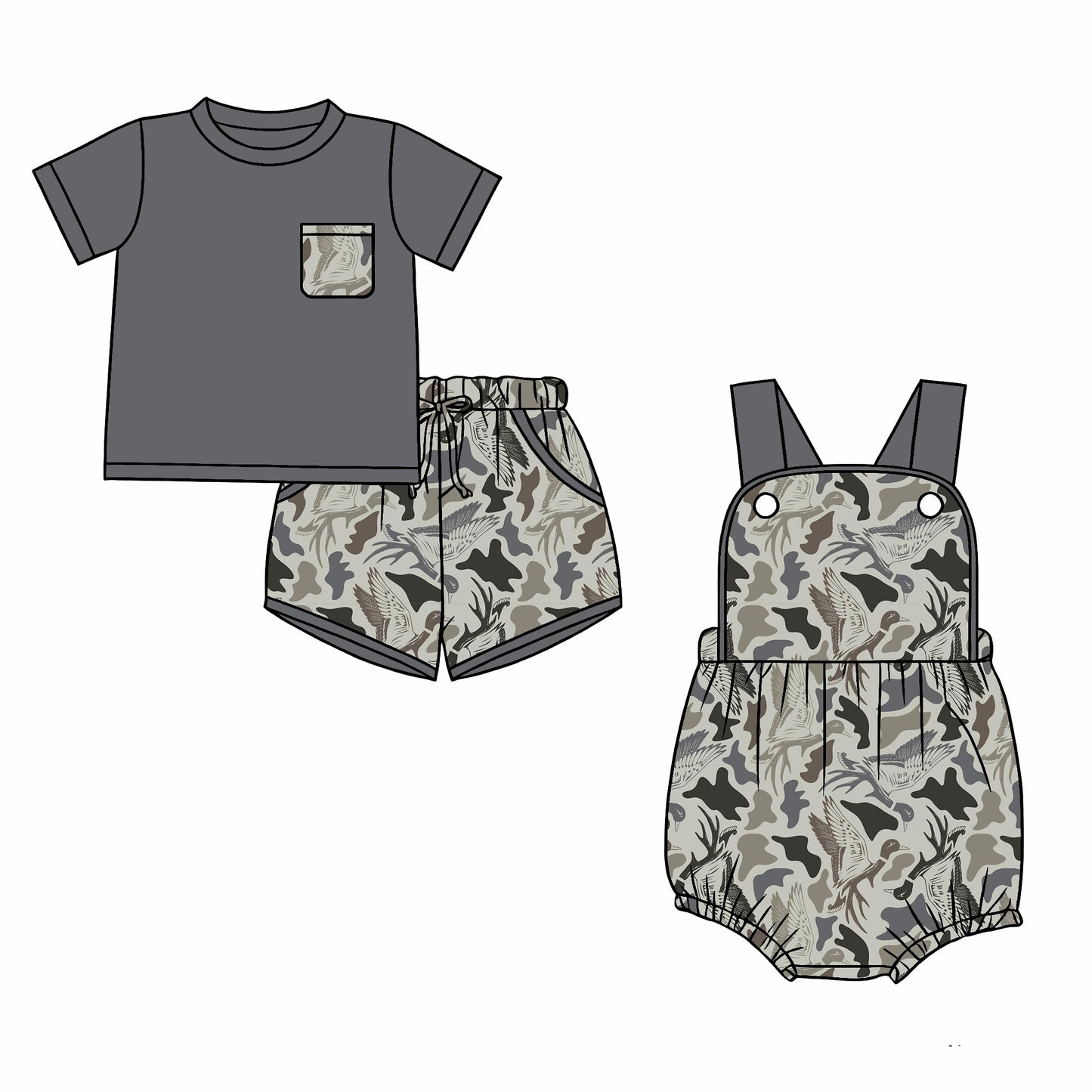 26.1.1 Custom MOQ:3 or 5 pcs each design milk silk Sibling baby boy clothes camouflage duck short sleeve shorts sets and romper