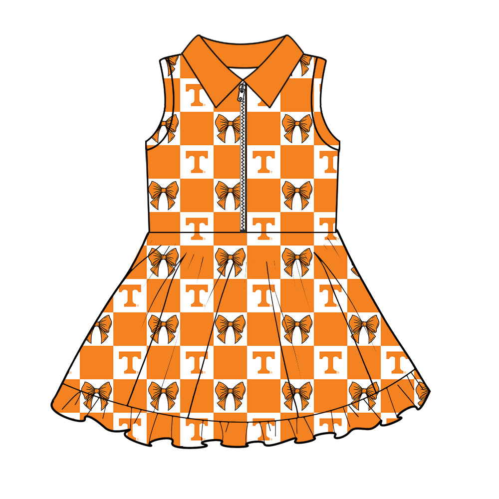 Custom Milk Silk Order MOQ:3 or 5 pcs Each Design Team State Girl Summer Bow Orange Sleeveless Dress-26.1.20