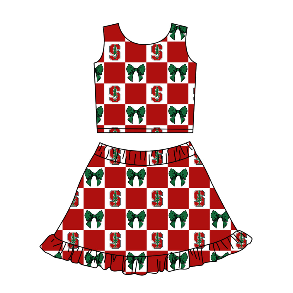 1.28 Custom Moq 3 Baby Girl Stanford Bows Plaid Top Ruffle Skirt Short Team Clothes Sets