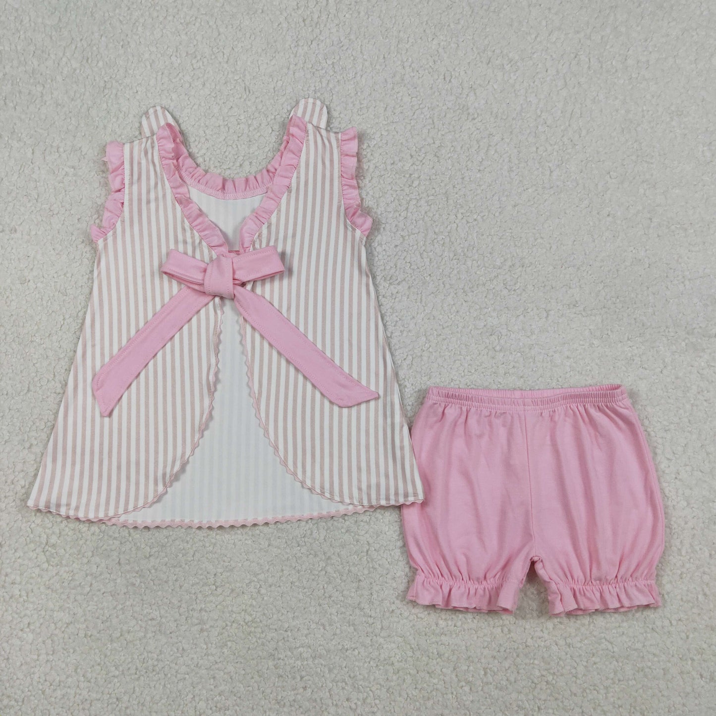 GSSO2924 Kids Embroidery Rabbits Baby Girls Back Bows Stripe Tunic Ruffle Shorts Easter Sets