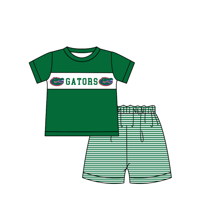 1.29 Custom Order Moq 3 Baby Boy Gators Green Tunic Top Stripe Shorts Team Clothes Sets