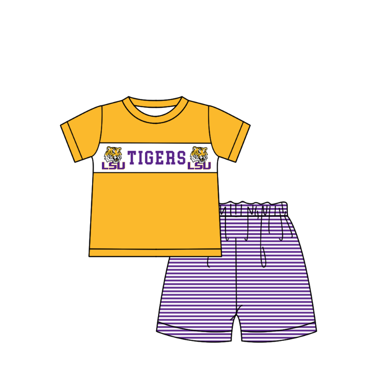1.30 Custom Order Moq 3 Baby Boy LSU Tigers Team Tunic Top Stripe Shorts Clothes Sets
