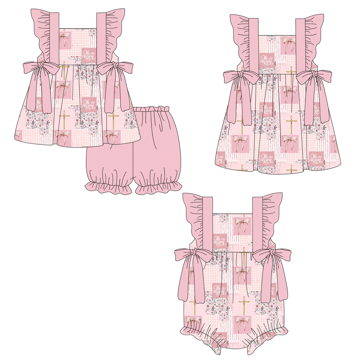 26.1.3 Custom MOQ:3 or 5 pcs each design milk silk Sibling baby girl clothes easter bow short sleeve shorts sets and dress and romper