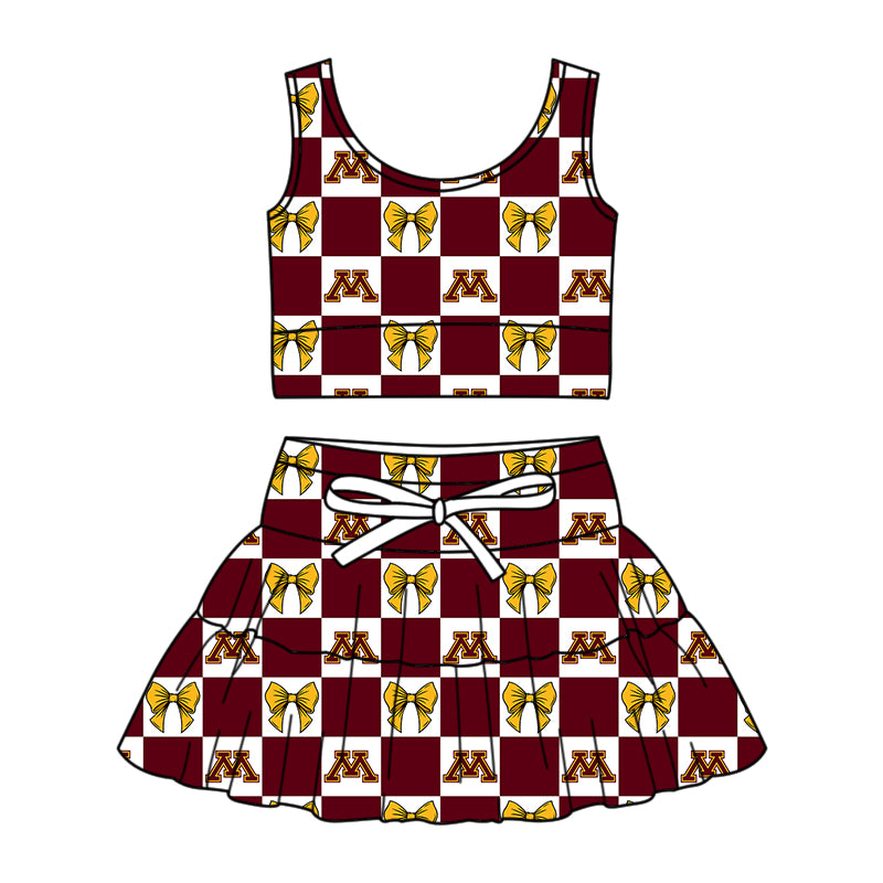 Custom Milk Silk Order MOQ:3 or 5 pcs Each Design Team State Girl Summer Bow Brick Red Sleeveless Skirts Sets-26.1.22