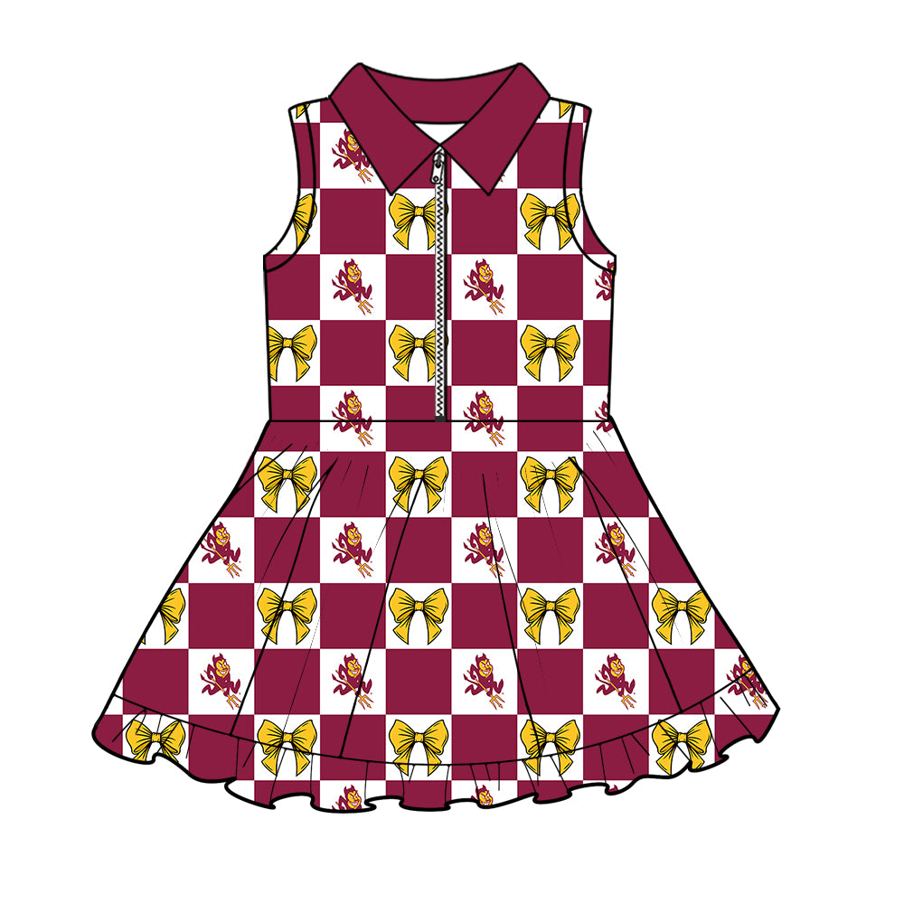 Custom MOQ 3 or 5 pcs Team Design Girl Summer Burgundy Bows Plaid Sleeveless Dress