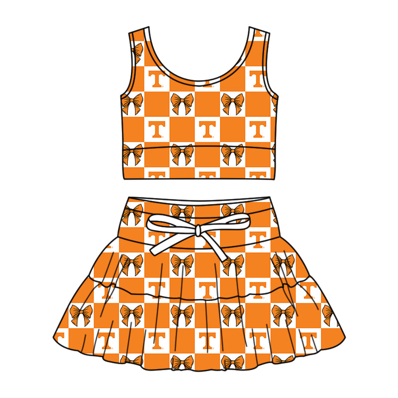 Custom Milk Silk Order MOQ:3 or 5 pcs Each Design Team State Girl Summer Bow Orange Sleeveless Skirts Sets-26.1.20