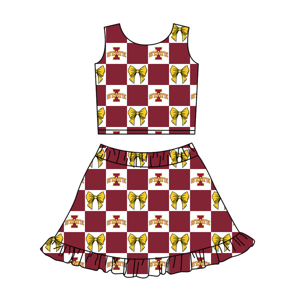 Custom MOQ 3 or 5 pcs Team Design Girl Summer State Bows Plaid Vest Ruffle Skirt Short Team Clothes Sets