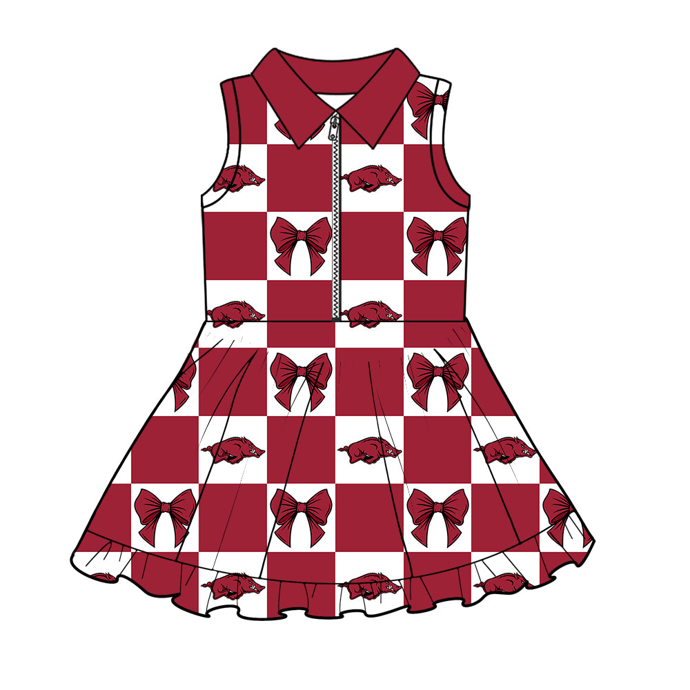 Custom Milk Silk Order MOQ:3 or 5 pcs Each Design Team State Girl Summer Bow Dark Red Sleeveless Dress-26.1.17