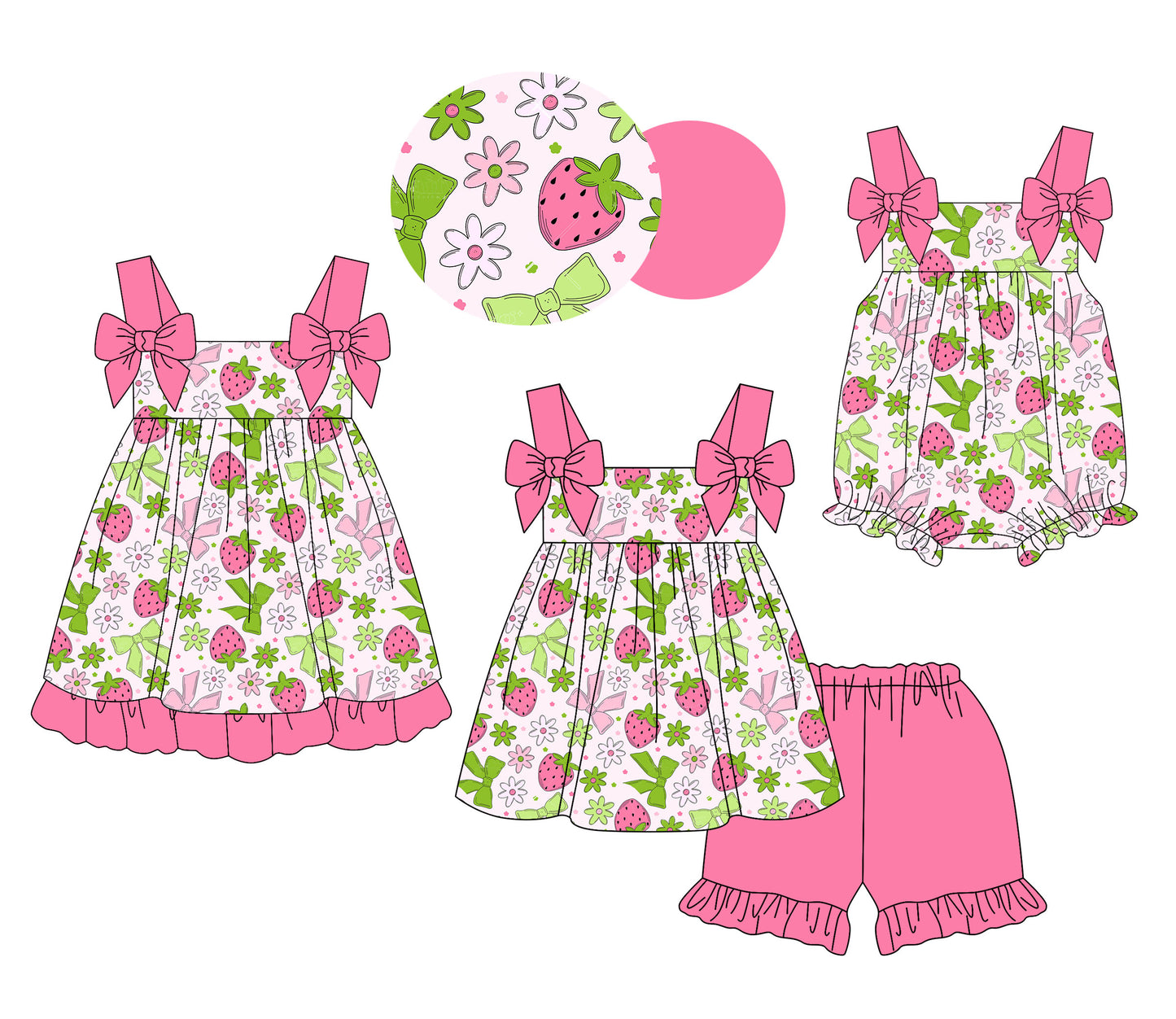 26.1.2 Custom MOQ:3 or 5 pcs each design milk silk Sibling baby girl clothes strawberry floral short sleeve shorts sets and dress and romper