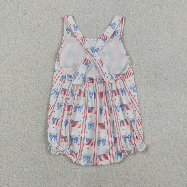 SR3862 Newborn Baby Girls Strap Flags Bows Stripe 4th of July Ruffle Rompers