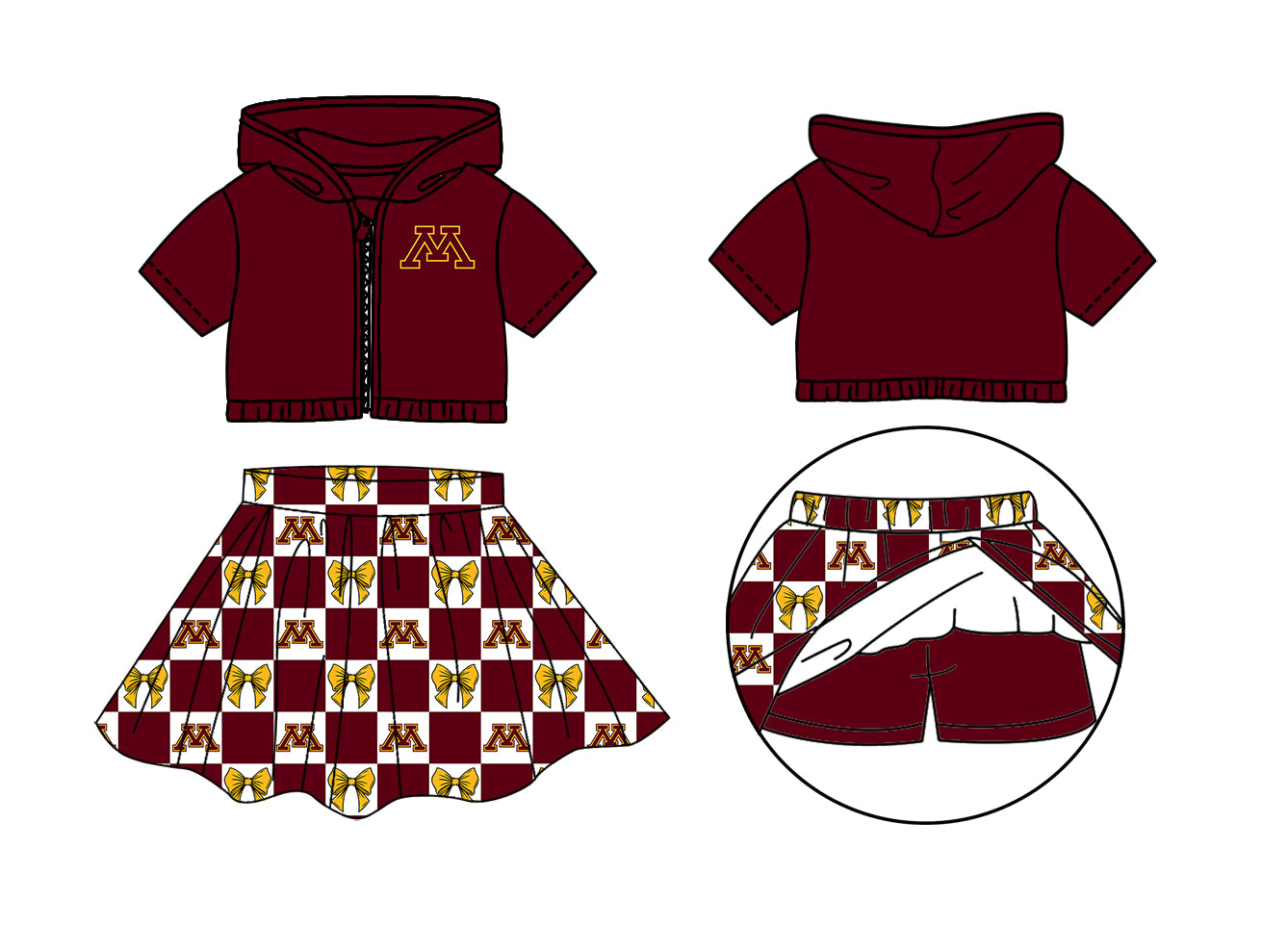 Custom Milk Silk Order MOQ:3 or 5 pcs Each Design Team State Girl Summer Bow Brick Red Zipper Hooded Short Sleeve Short Skirts Sets-26.1.22