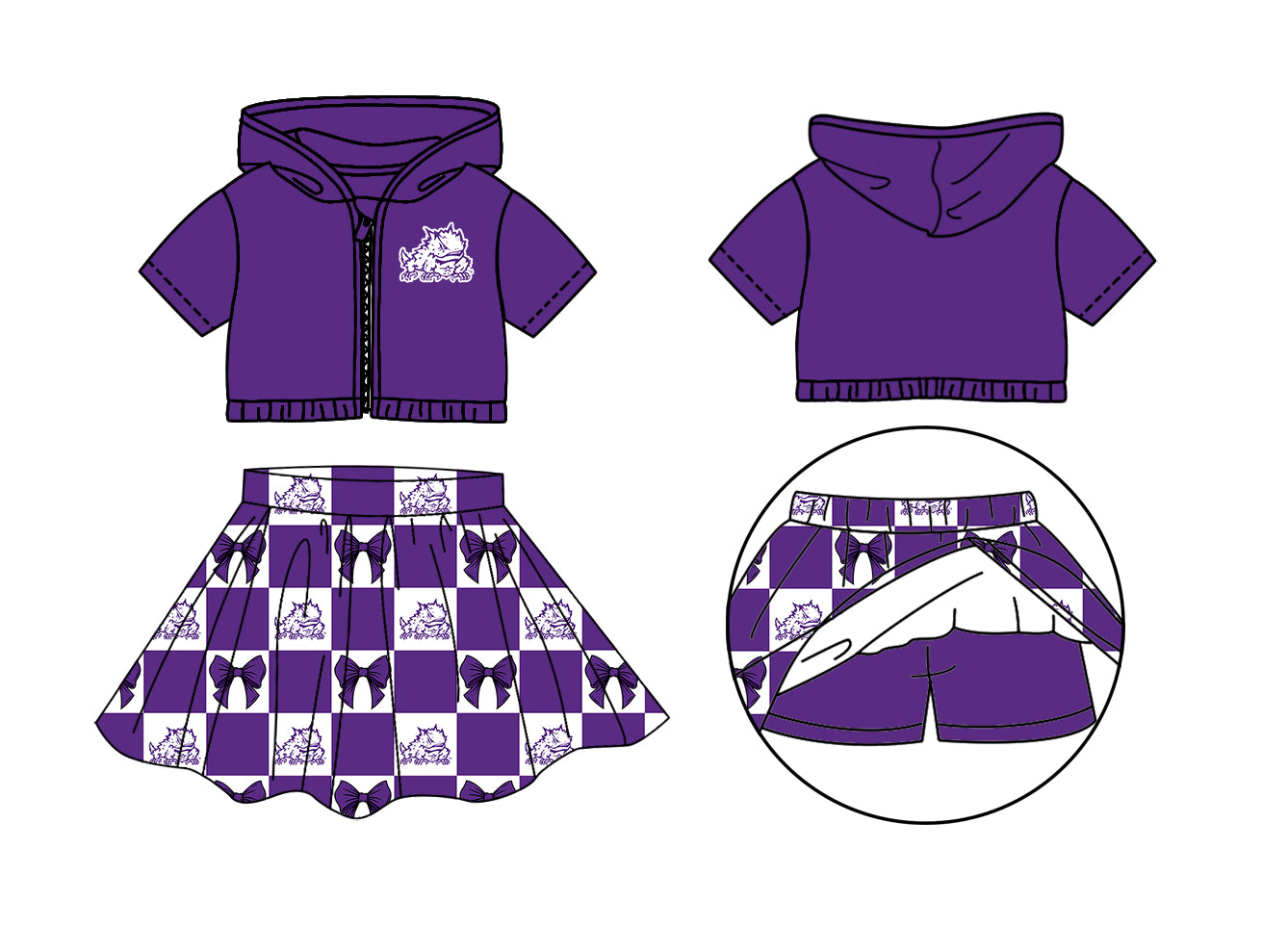 Custom Moq 3 or 5 Team Design Baby Girl Purple TCU Bows Zipper Hoodie Jackets Skirt Short Team Clothes Sets