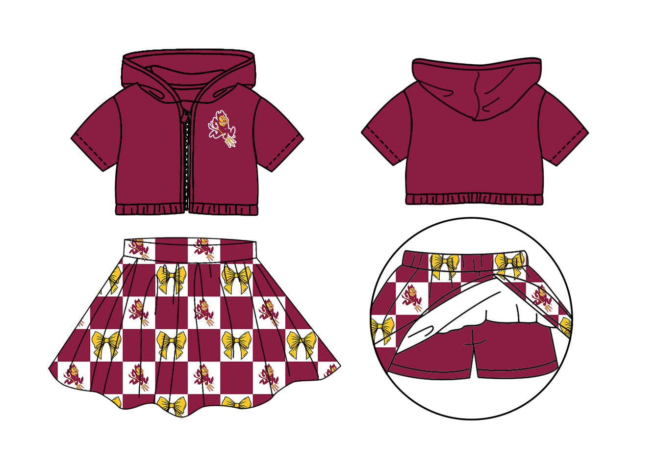 Custom Moq 3 or 5 Team Design Baby Girl Burgundy Bows Zipper Hoodie Jackets Skirt Short Team Clothes Sets