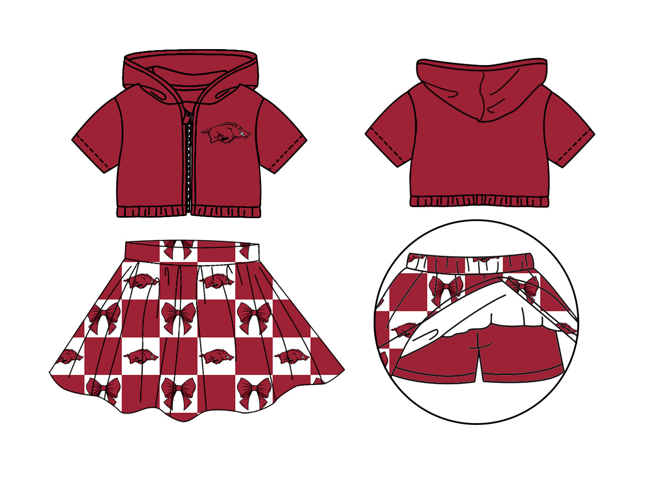 Custom Milk Silk Order MOQ:3 or 5 pcs Each Design Team State Girl Summer Bow Dark Red Zipper Hooded Short Sleeve Short Skirts Sets-26.1.17