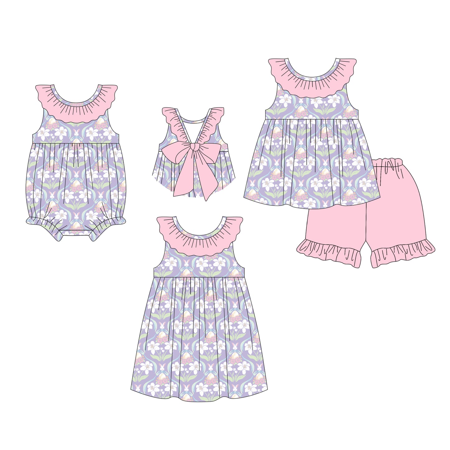 26.1.14 Custom MOQ:3 or 5 pcs each design milk silk Sibling baby girl clothes easter floral short sleeve shorts sets and dress and romper