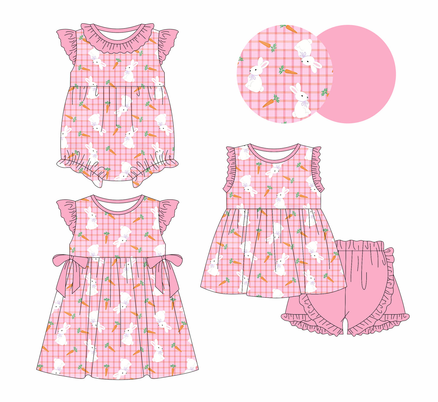 26.1.6 Custom MOQ:3 or 5 pcs each design milk silk Sibling baby girl clothes easter short sleeve shorts sets and dress and romper