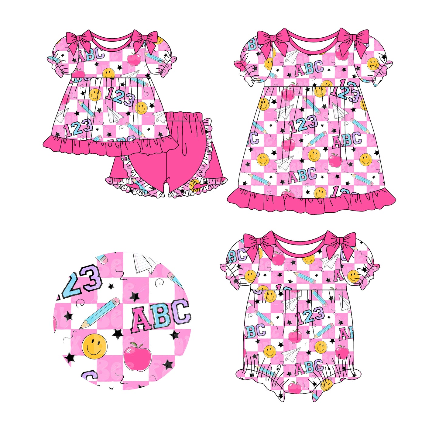 26.1.2 Custom MOQ:3 or 5 pcs each design milk silk Sibling baby girl clothes ABC short sleeve shorts sets and dress and romper