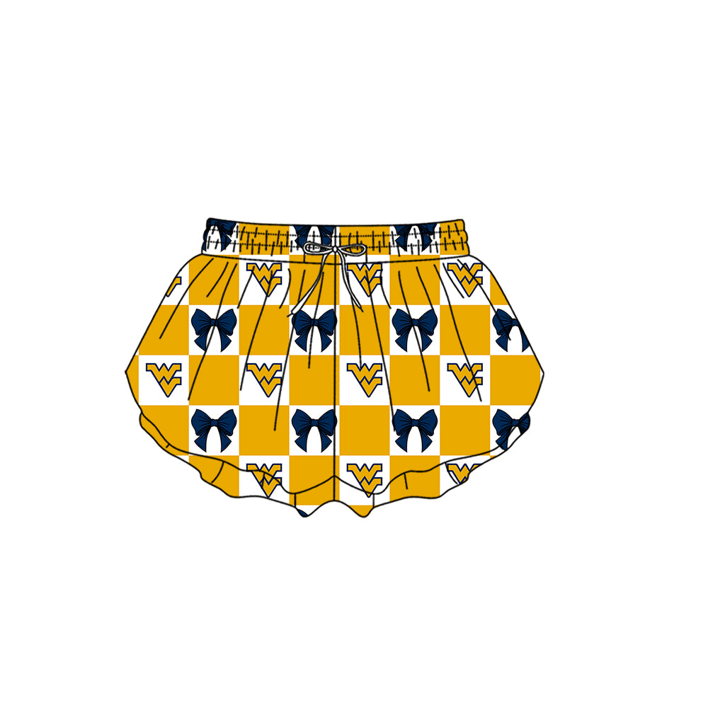 Custom Moq 3 or 5 Team Design Baby Girl Yellow WV Bows Plaid Team Ruffle Shorts