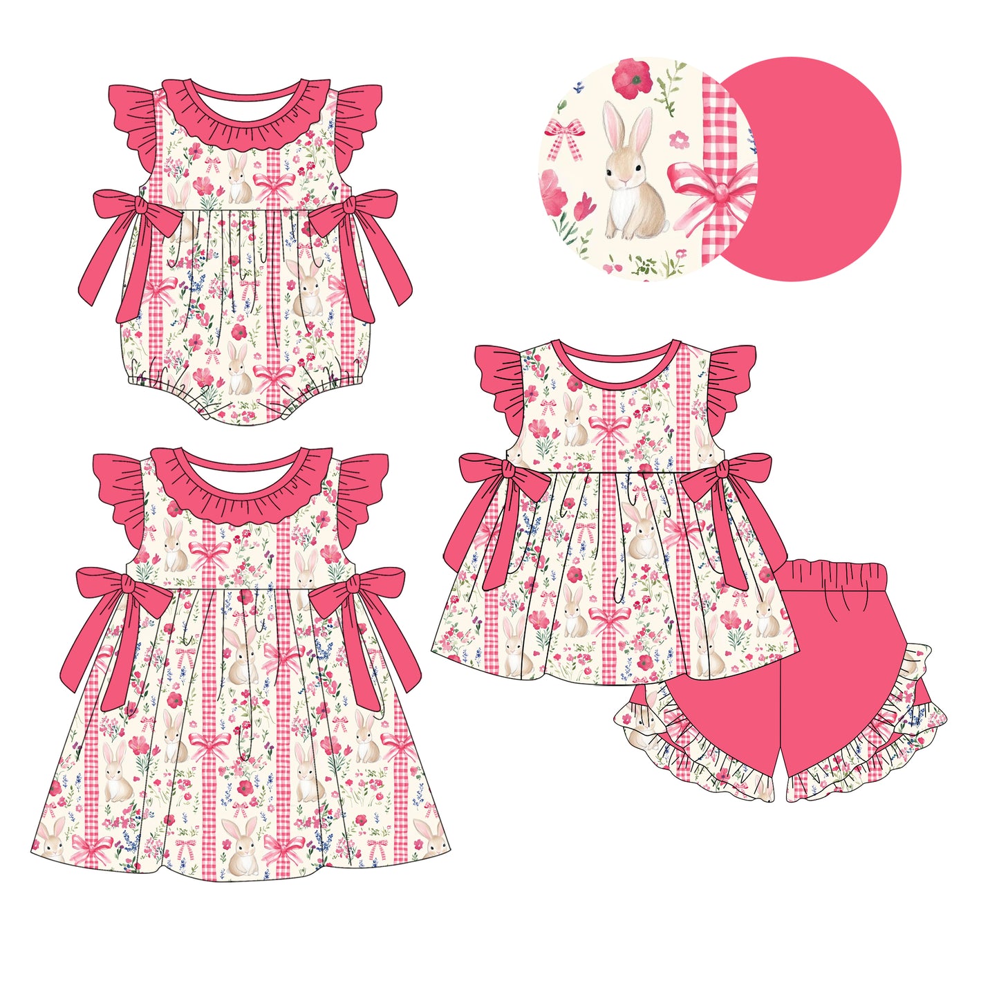 26.1.5 Custom MOQ:3 or 5 pcs each design milk silk Sibling baby girl clothes easter bow floral short sleeve shorts sets and dress and romper