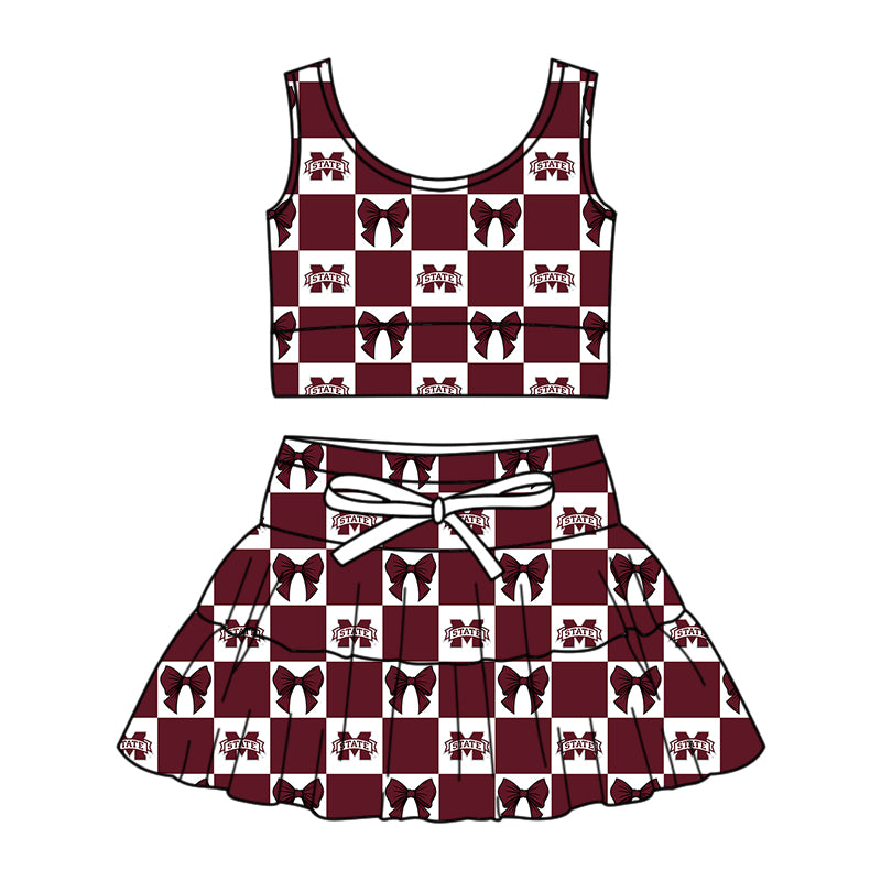 Custom Milk Silk Order MOQ:3 or 5 pcs Each Design Team State Girl Summer Bow Dark Red Sleeveless Skirts Sets-26.1.19
