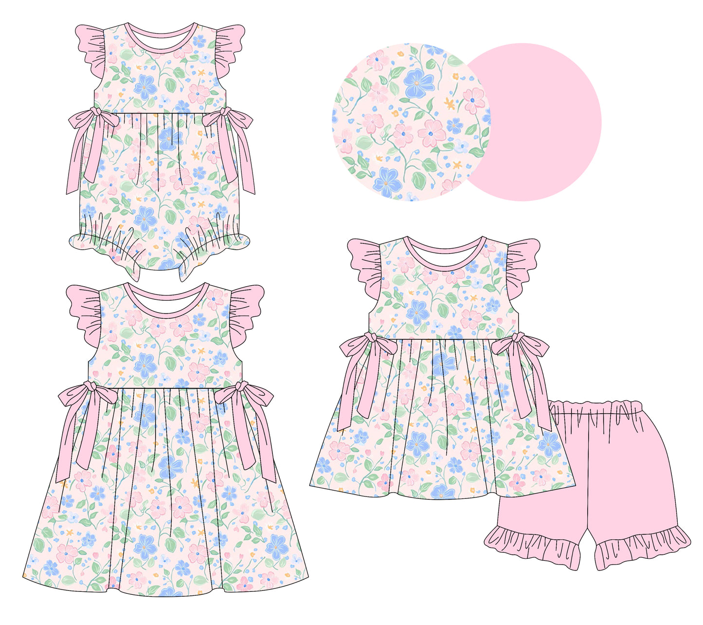 26.1.12 Custom MOQ:3 or 5 pcs each design milk silk Sibling baby girl clothes floral short sleeve shorts sets and dress and romper