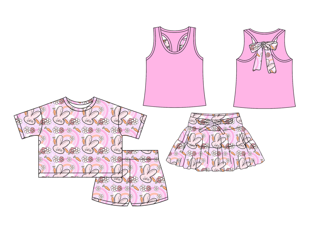 26.1.13 Custom MOQ:3 or 5 pcs each design milk silk Sibling baby girl clothes bunny short sleeve shorts sets and skirts sets