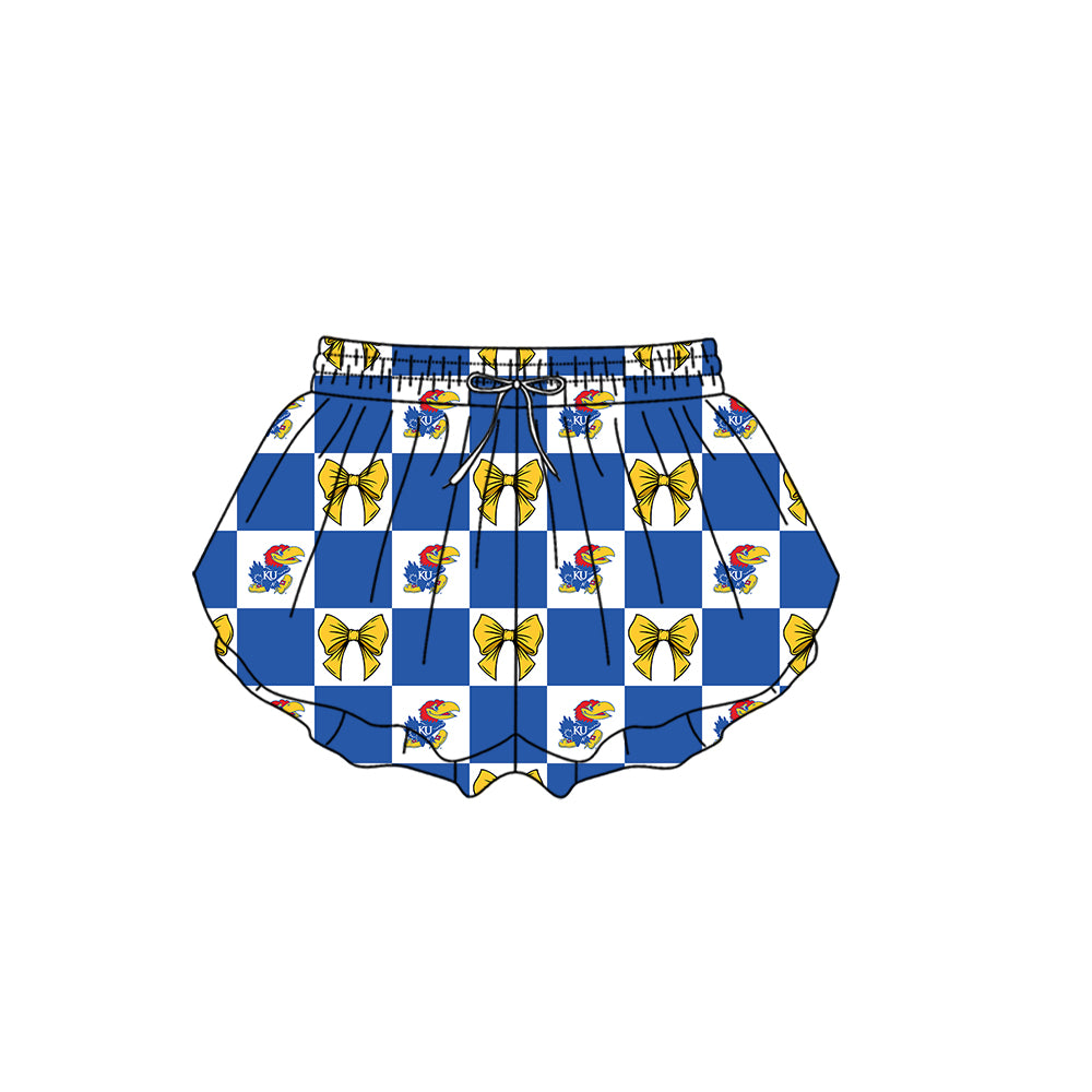 Custom Moq 3 or 5 Team Design Baby Girl Blue KU Bows Plaid Team Ruffle Shorts