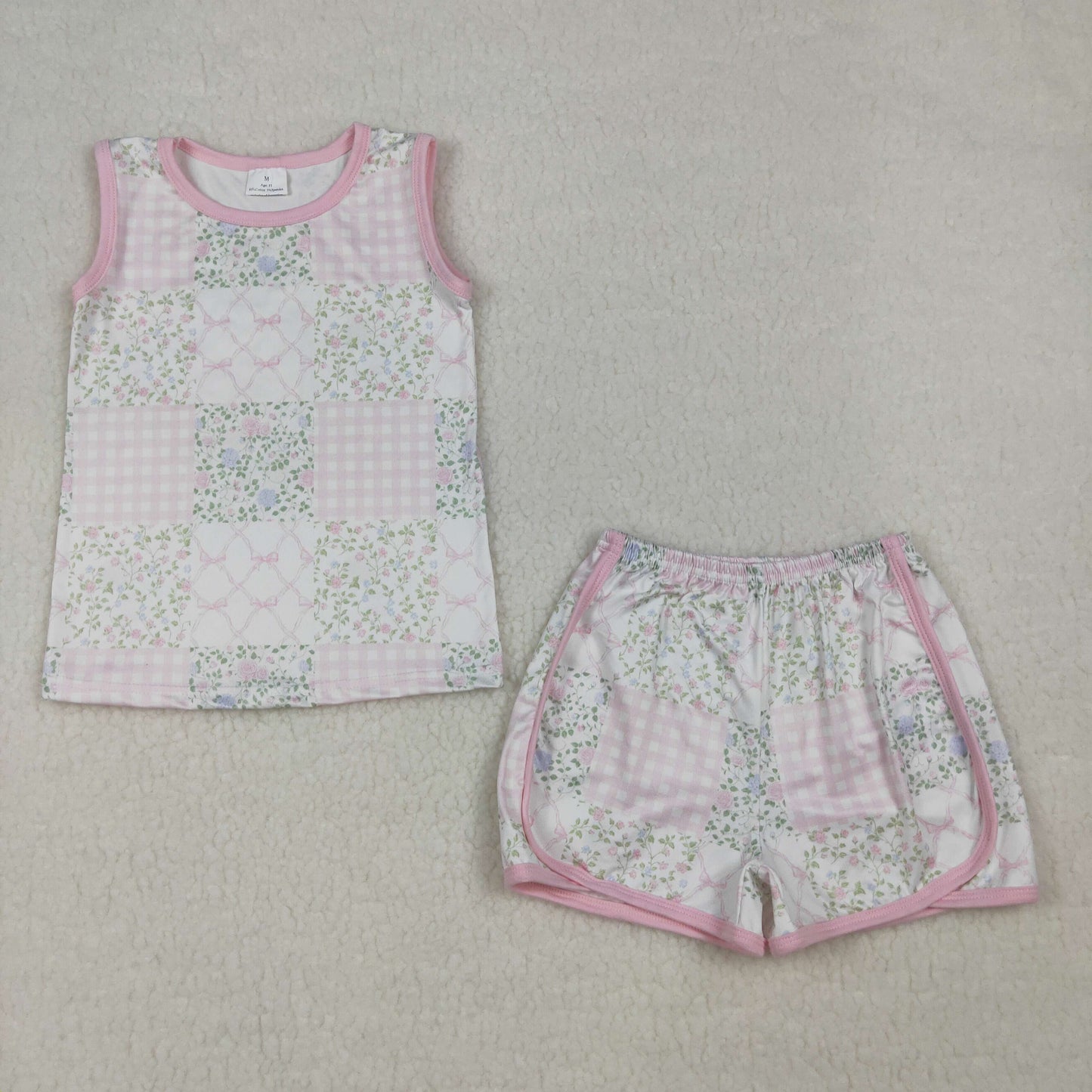 GSSO3168 Kids Baby Girls Pink Checked Flowers Top Shorts Clothes Sets