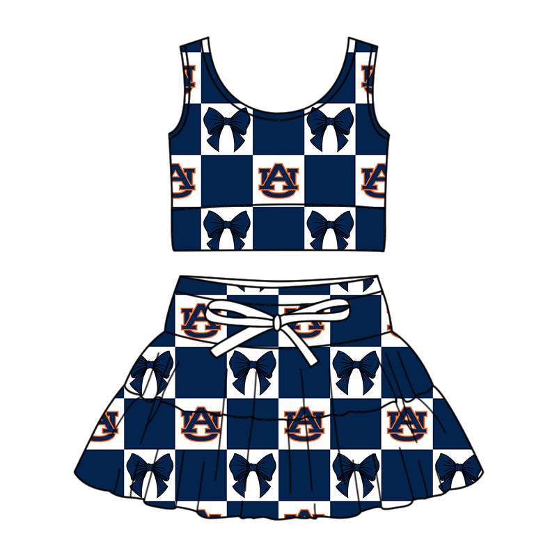 Custom Milk Silk Order MOQ:3 or 5 pcs Each Design Team State Girl Summer Bow Dark Blue Sleeveless Skirts Sets-26.1.17
