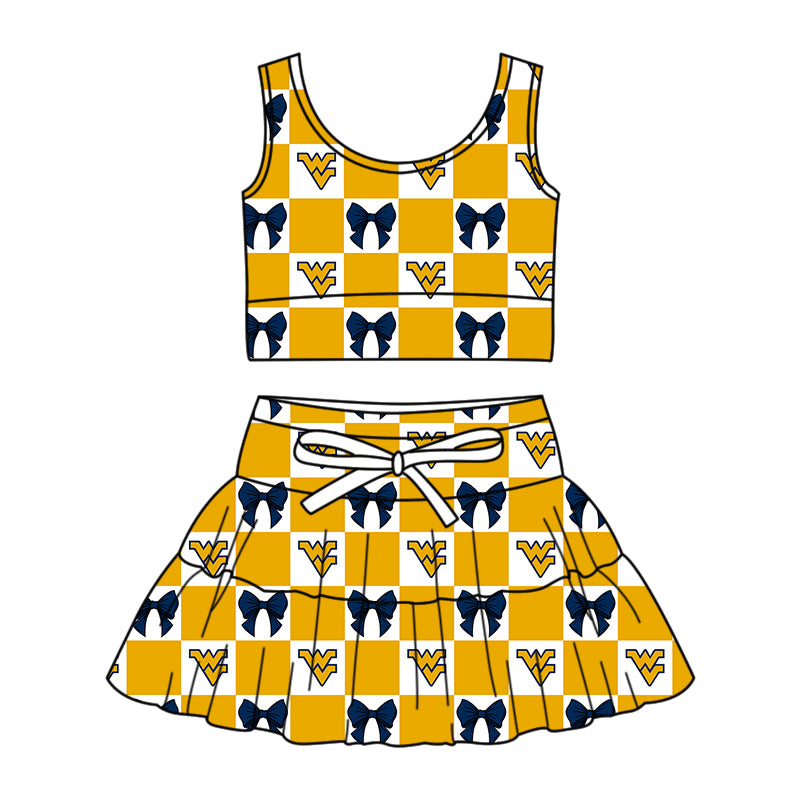 Custom MOQ 3 or 5 pcs Team Design Girl Summer Yellow WV Bows Plaid Vests Top Skirt Short Team Clothes Sets