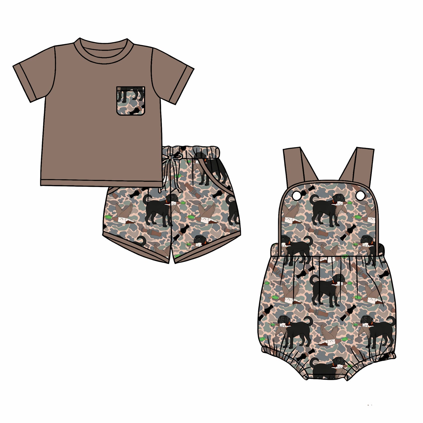 26.1.1 Custom MOQ:3 or 5 pcs each design milk silk Sibling baby boy clothes camouflage duck puppy short sleeve shorts sets and romper