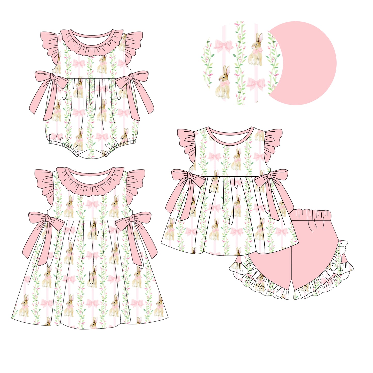 26.1.5 Custom MOQ:3 or 5 pcs each design milk silk Sibling baby girl clothes easter bow floral short sleeve shorts sets and dress and romper