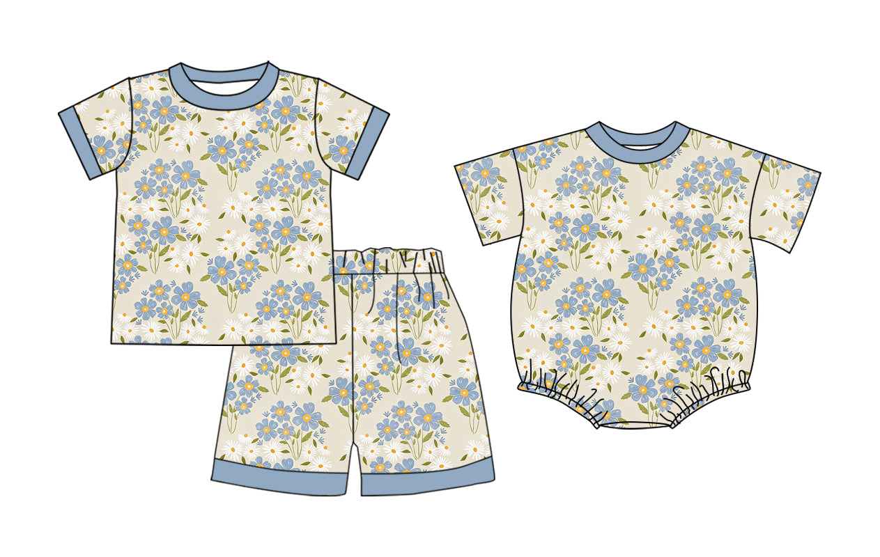 26.1.6 Custom MOQ:3 or 5 pcs each design milk silk Sibling baby girl clothes floral short sleeve shorts sets and romper