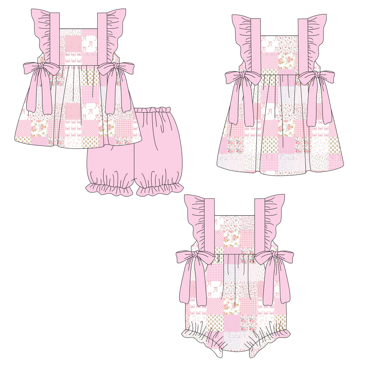 26.1.3 Custom MOQ:3 or 5 pcs each design milk silk Sibling baby girl clothes floral bow short sleeve shorts sets and dress and romper
