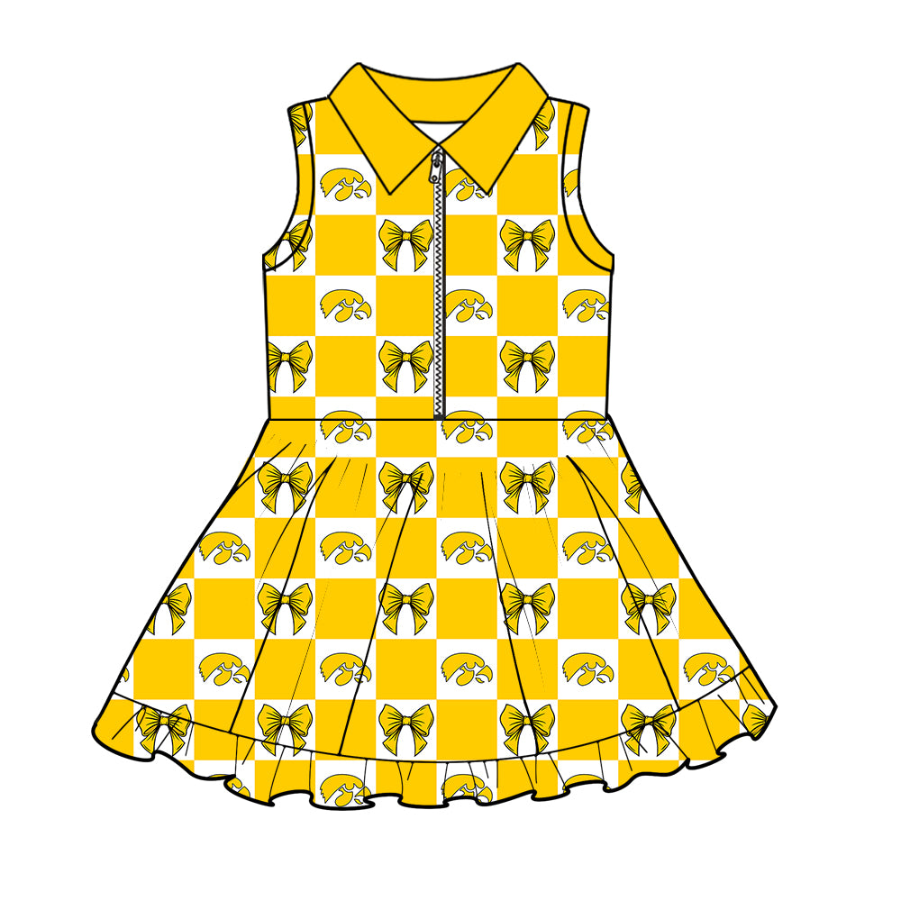 Custom Milk Silk Order MOQ:3 or 5 pcs Each Design Team State Girl Summer Bow Yellow Sleeveless Dress-26.1.21