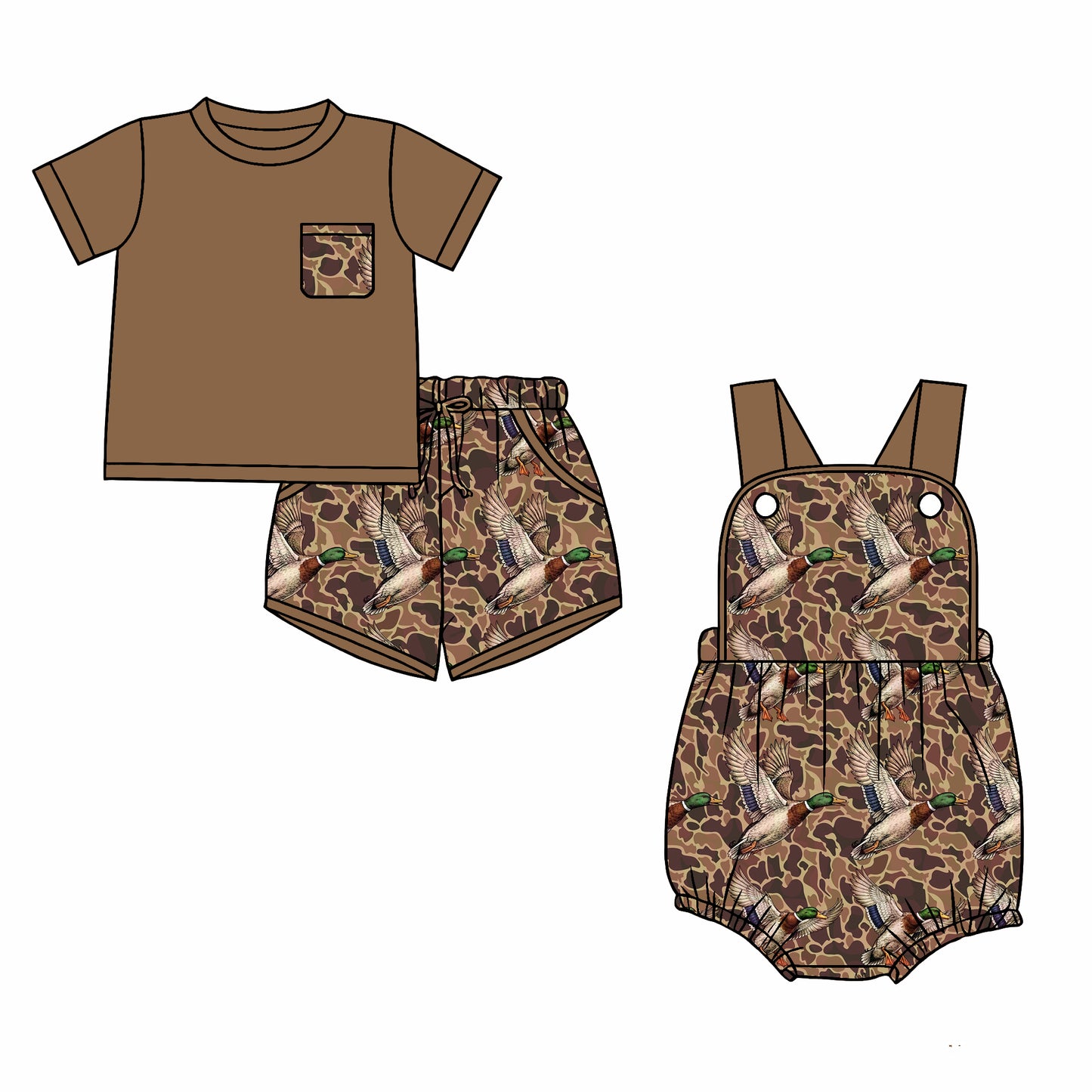 26.1.2 Custom MOQ:3 or 5 pcs each design milk silk Sibling baby boy clothes camouflage duck short sleeve shorts sets and romper