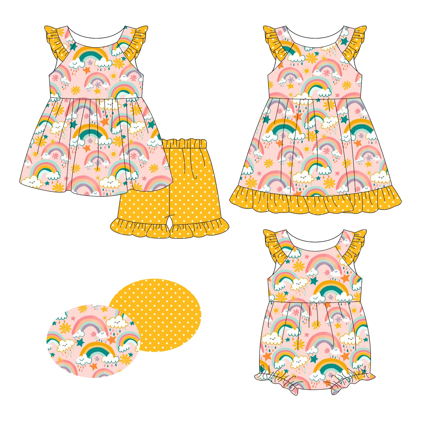 26.1.8 Custom MOQ:3 or 5 pcs each design milk silk Sibling baby girl clothes rainbow short sleeve shorts sets and dress and romper