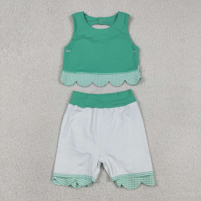GSD3320 Kids Baby Girls Green Vest Top Bows Skirt Shorts Yoga Active Scallop Clothes Sets